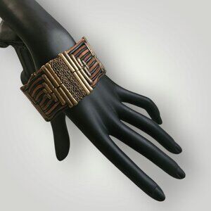 Vintage Alexis Kirk Bohemian Leather Brass Copper Cuff Bracelet 7"